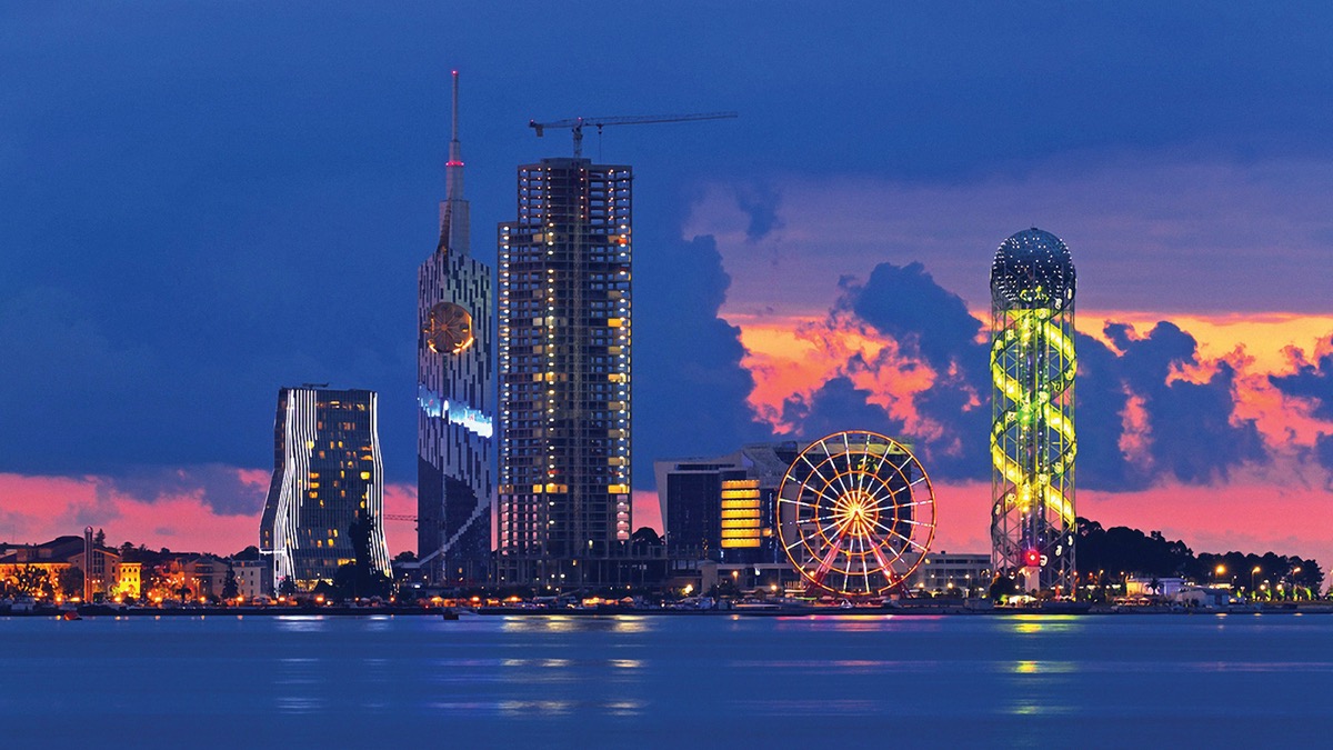 Batumi Alphabet Tower against the Black Sea skyline