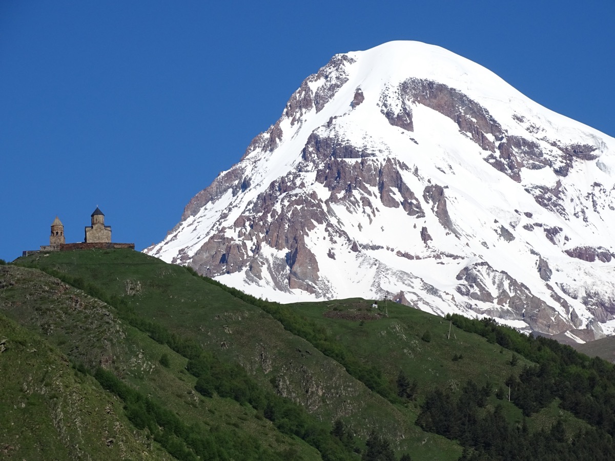 Gergeti Trinity Church with Mount Kazbegi backdrop