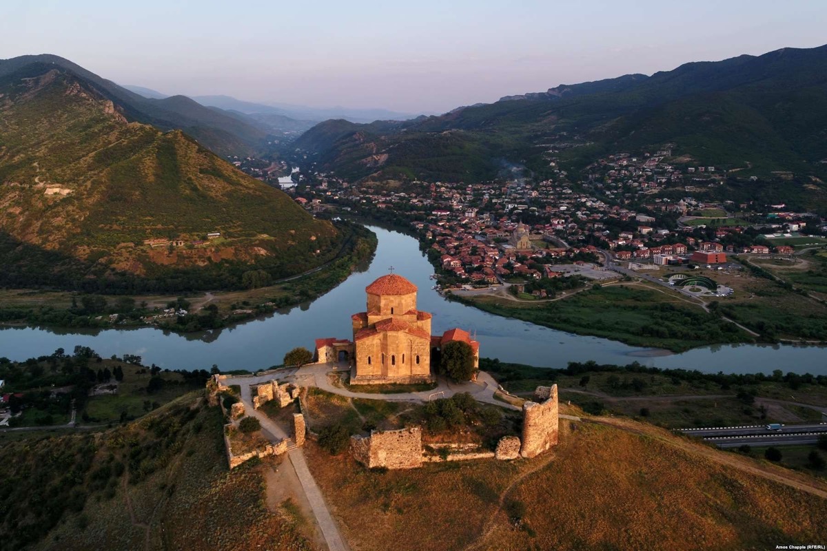 Jvari Monastery on hilltop overlooking river confluence