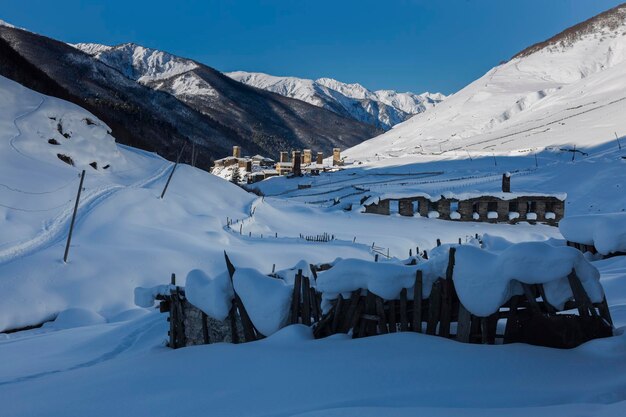 Ushguli village with Svan towers and Mount Shkhara in the background