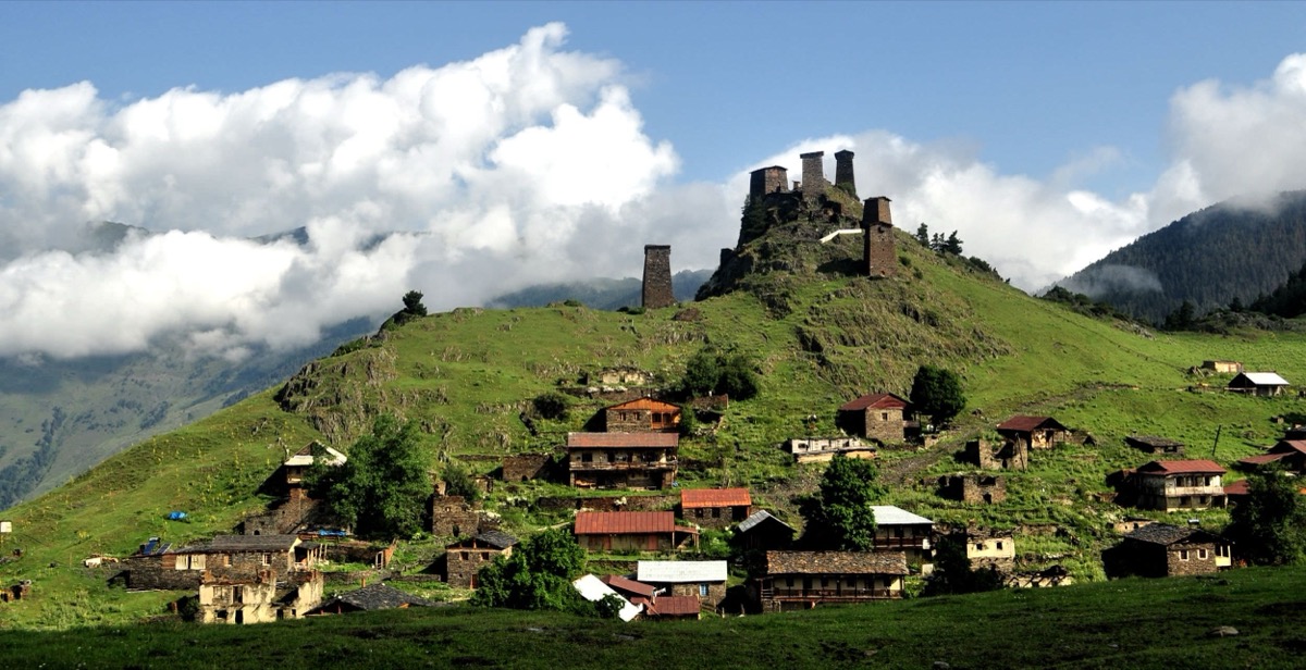 Omalo village with medieval fortress towers